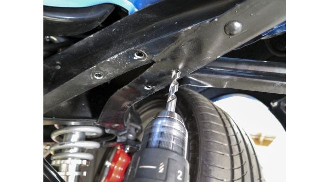 Installing front sway bar on Tri-Five Chevy with CPP guide.