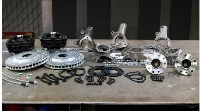 Upgraded brakes with Corvette-style spindles on vintage Chevy