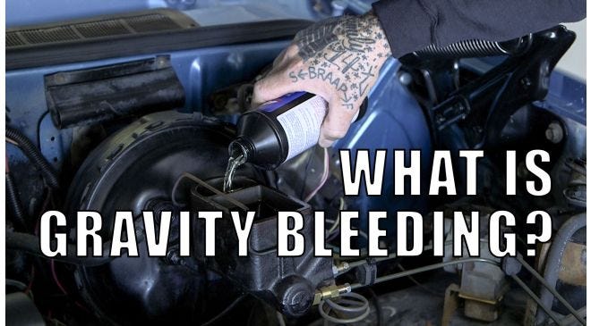 Tools and components used in gravity bleeding brakes.