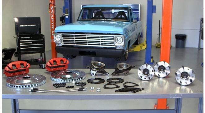 New Mustang II spindles and hubs with Corvette-style design.